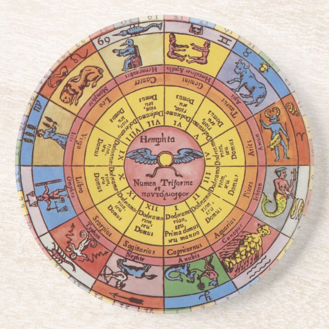 Vintage Antique Astrology, Celestial Zodiac Wheel Coaster (Front)