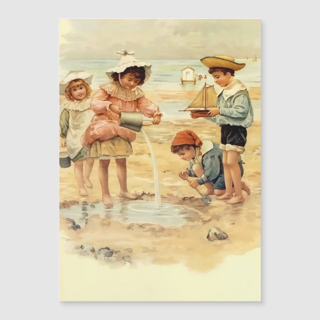 Vintage Antique Beach Boy Girl Children Fine Art (Front)