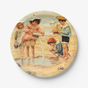 Vintage Antique Beach Boy Girl Children Fine Art Paper Plate