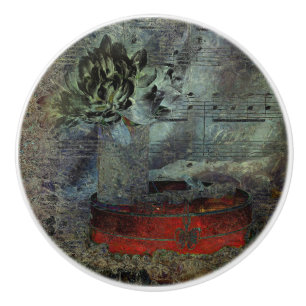 Vintage Antique Black Red Old Script Sheet Music Ceramic Knob