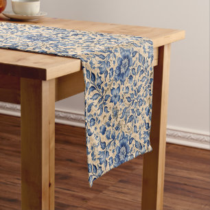 Vintage Antique Blue Indigo & Taupe Short Table Runner