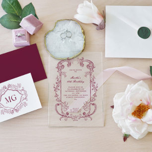 Vintage Antique Burgundy Floral Scroll Birthday Acrylic Invitations
