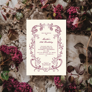 Vintage Antique Burgundy Floral Scroll Birthday Invitation