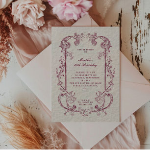 Vintage Antique Burgundy Floral Scroll Birthday Invitation