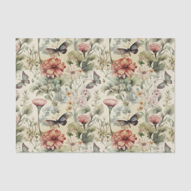 Vintage Antique Butterfly and Flowers Decoupage Tissue Paper (Front)