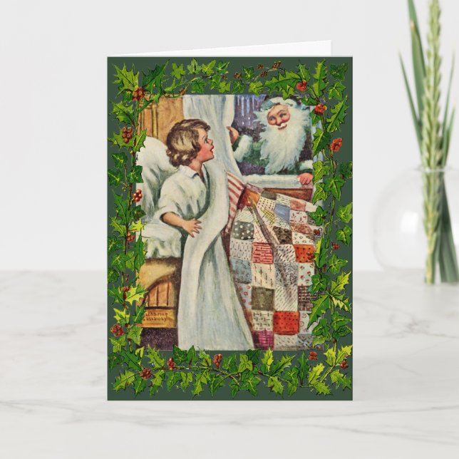 Vintage/Antique Christmas Card-Quilts, Santa Holiday Card (Front)