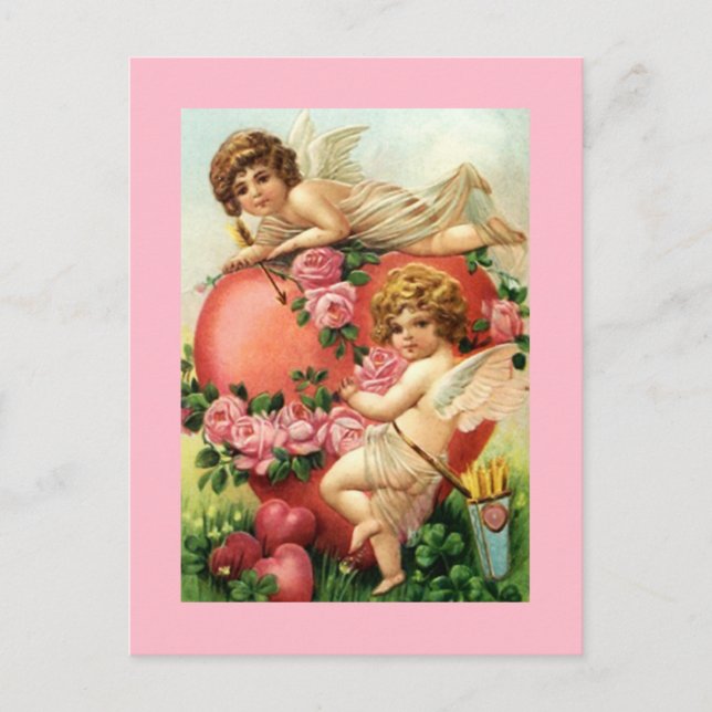 Vintage Antique cupids Valentine's Day Heart Roses Postcard (Front)