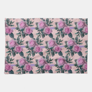 Vintage Antique Damask Pink Roses Tea Towel