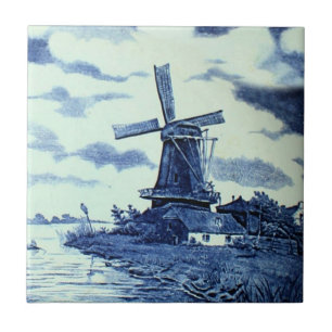 Vintage Antique Delft Blue Tile - Windmill