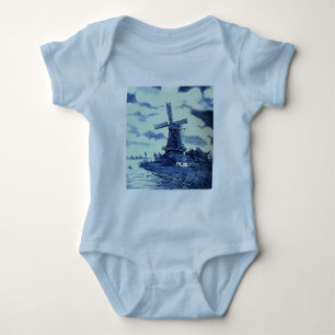 Vintage Antique Delft Blue Tile - Windmill Baby Bodysuit
