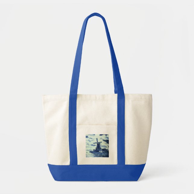 Vintage Antique Delft Blue Tile - Windmill Tote Bag (Front)