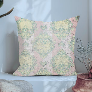 Vintage Antique Distressed Yellow and Pink Damask Cushion