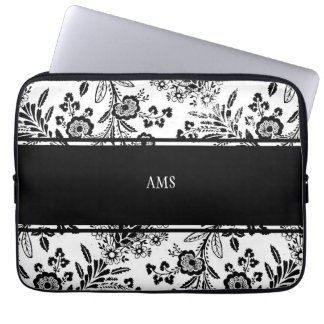 Vintage Antique Floral Custom Monogram Black White Laptop Sleeve