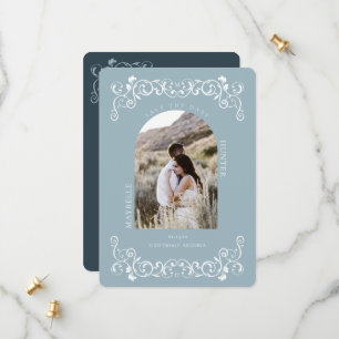 Vintage Antique Flourish Scroll Blue Photo Save The Date
