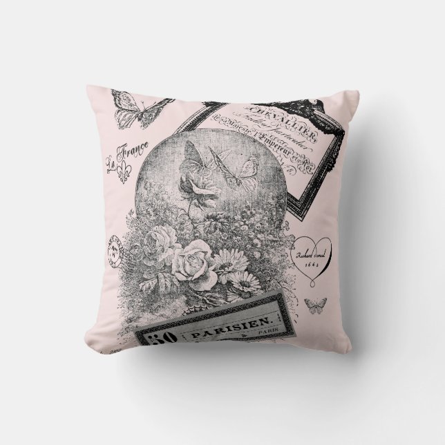 vintage antique french chic throw pillow pink (Front)