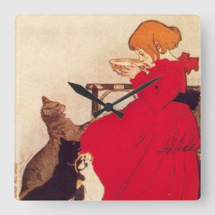 Vintage Antique Girl Milk Cats Theophile Steinlen Square Wall Clock