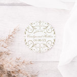 Vintage Antique Gold Flourish Wedding Monogram Classic Round Sticker<br><div class="desc">Decorative swirls and flourishes frame this elegant round vintage inspired wedding favour sticker design. White and antique gold colour scheme. Personalise the custom text with a monogram of the bride and groom names and wedding date.</div>