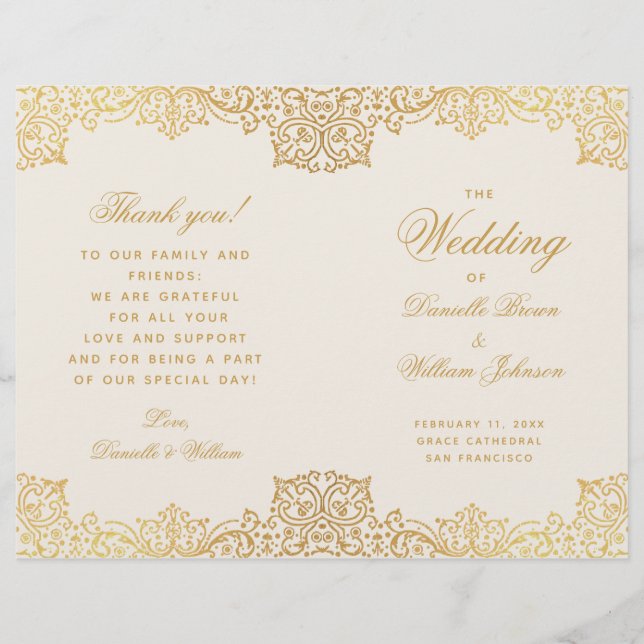 Vintage Antique Gold Ivory Folded Wedding Program (Front)