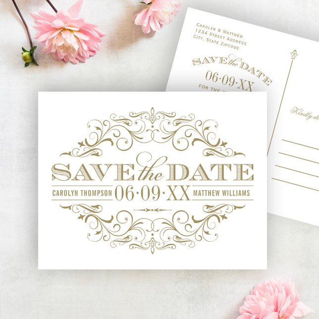 Vintage Antique Gold White Flourish Save the Date (Creator Uploaded)