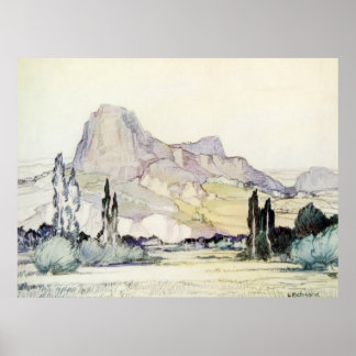 Vintage Antique Landscape Watercolor Le Puy France Poster