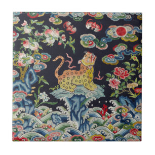 vintage antique leopard flowers embroidery textile tile