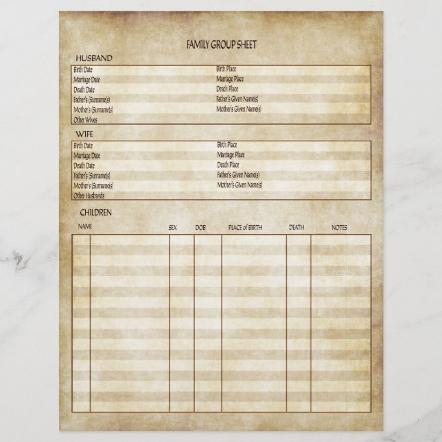 Vintage Antique Look Genealogy Family Group Sheet (Front)