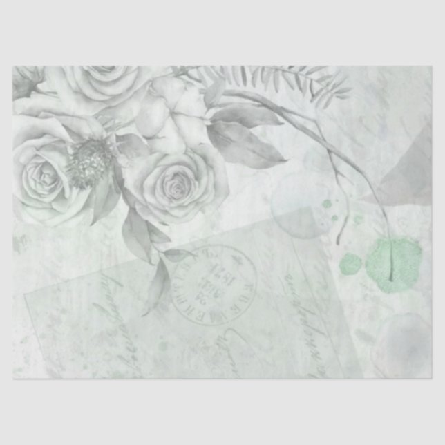 Vintage Antique Mint Grey Rose Decoupage Tissue Paper (Front)