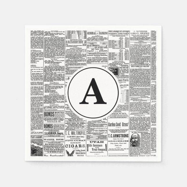 Vintage Antique Newspaper Monogram Napkin (Front)