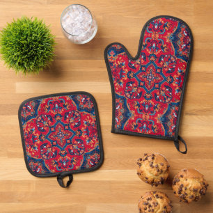 Vintage Antique Persian Oriental Turkish Pattern Oven Mitt & Pot Holder Set