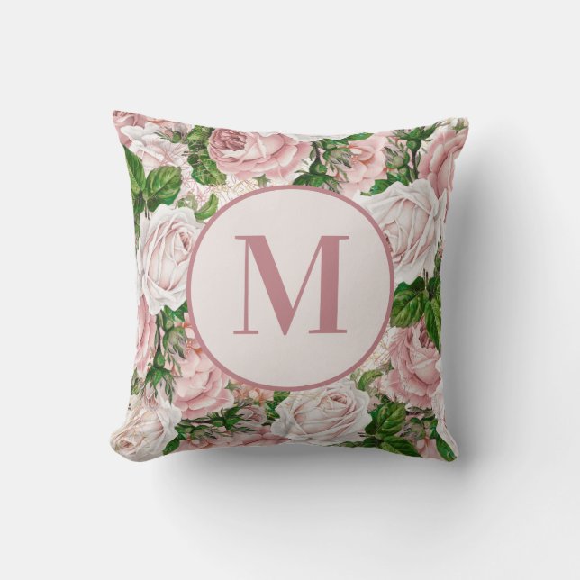 Vintage Antique Pink Flowers Monogram Initial Cushion (Front)