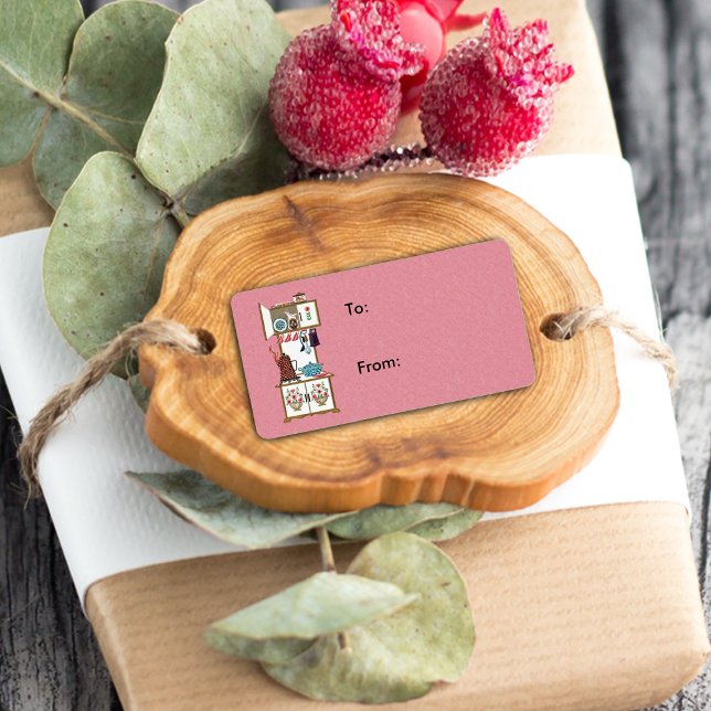 Vintage Antique Retro Kitchen Stove Coffee Pot Label (Gift tag / label / sticker with vintage old time cooking stove on pink.)