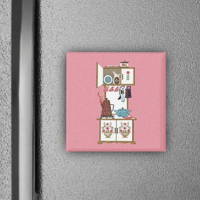Vintage Antique Retro Kitchen Stove Coffee Pot Magnet (Vintage white cooking stove flowers pots pans utensils on pink magnet.)