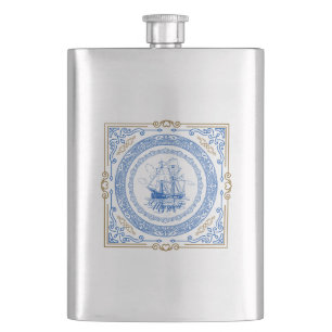 Vintage antique royal blue ship decorative border hip flask