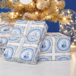 Vintage antique royal blue ship decorative border  wrapping paper