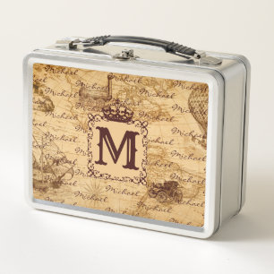 Vintage antique royal king world map rustic metal lunch box