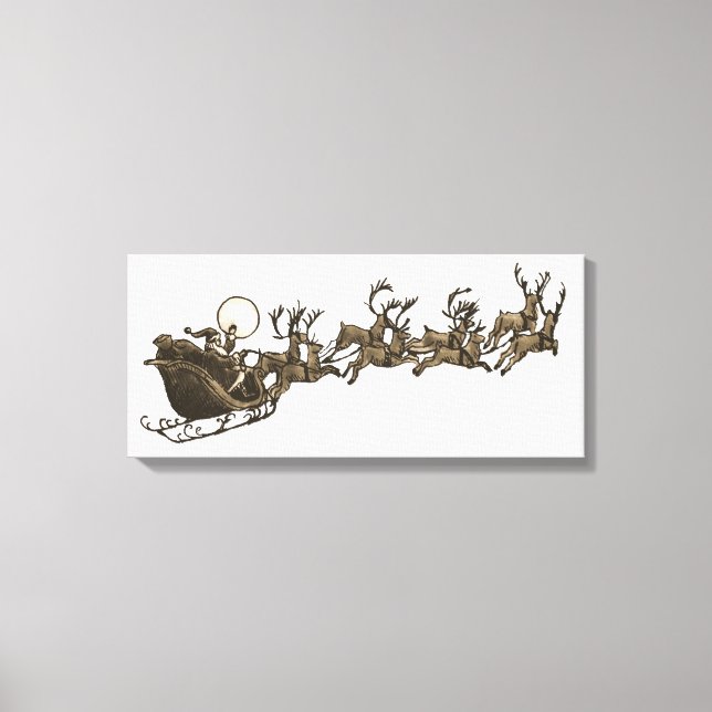 Vintage Antique Sepia Santa Sleigh Reindeers Canvas Print (Front)