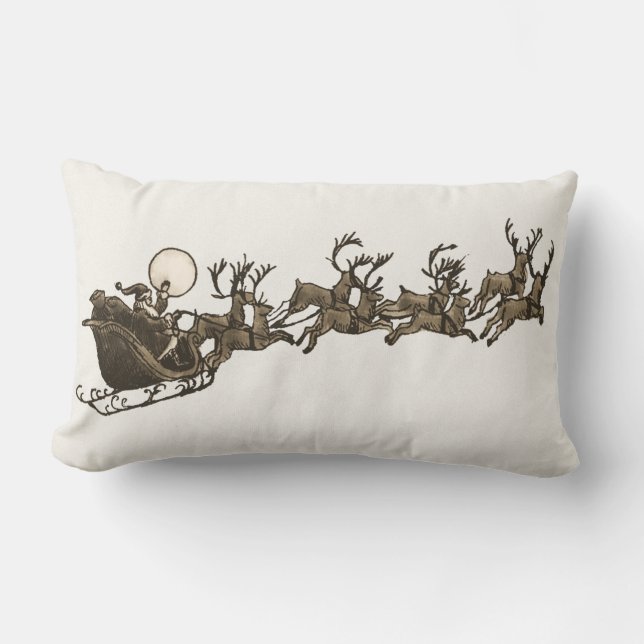 Vintage Antique Sepia Santa Sleigh Reindeers Lumbar Cushion (Front)