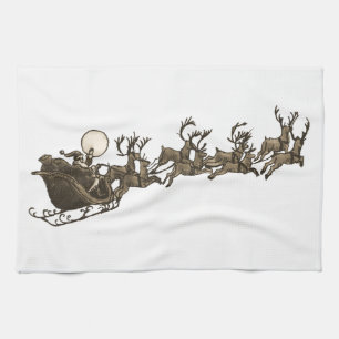 Vintage Antique Sepia Santa Sleigh Reindeers Tea Towel