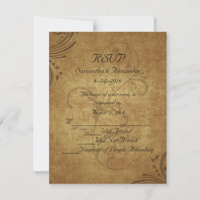 Vintage Antique Teastain Swirl Wedding RSVP Card (Front)