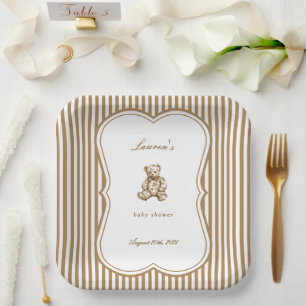 Vintage Antique Teddy Bear Toile Baby Shower Paper Plate