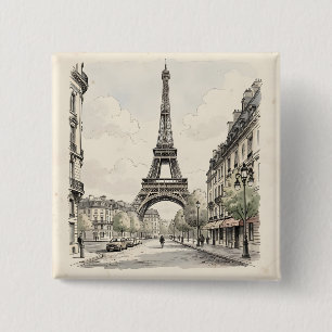 Vintage antique travel illustration of Paris 15 Cm Square Badge