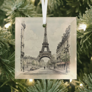 Vintage antique travel illustration of Paris Glass Tree Decoration