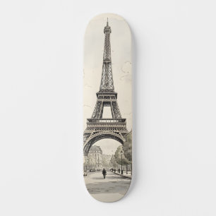 Vintage antique travel illustration of Paris Skateboard