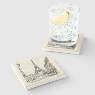 Vintage antique travel illustration of Paris Stone Coaster