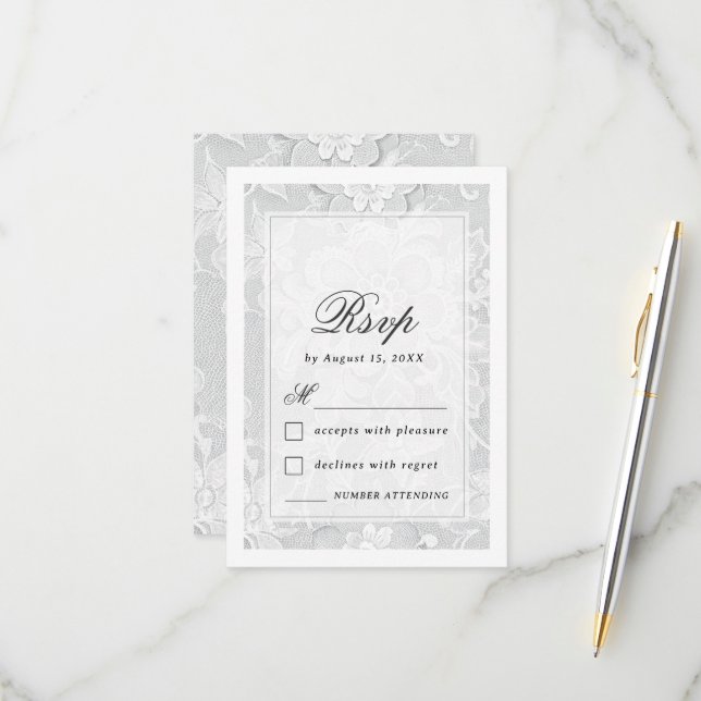 Vintage Antique White Lace Wedding RSVP Card (Front/Back In Situ)