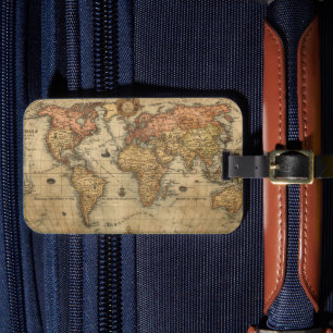 Vintage antique world map luggage tag