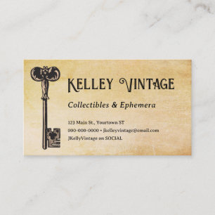 Vintage antiques seller antique key on parchment business card