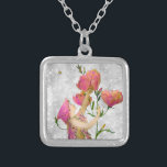 *~* Vintage AP40 Flowers Pink Fairy Silver Silver Plated Necklace<br><div class="desc">FAIRY FLOWER SQUARE NECKLACE (search id AP40 for similar designs on various products - Silver Flower Moon Star Vintage FAIRY - SQUARE NECKLACE. * Energetically Enhanced Romantic Vintage Retro Antique Glitter and tiny PINK FLOWER and a little FAIRY beneath the sweet pink Flowers shaped like bells are on a faux...</div>