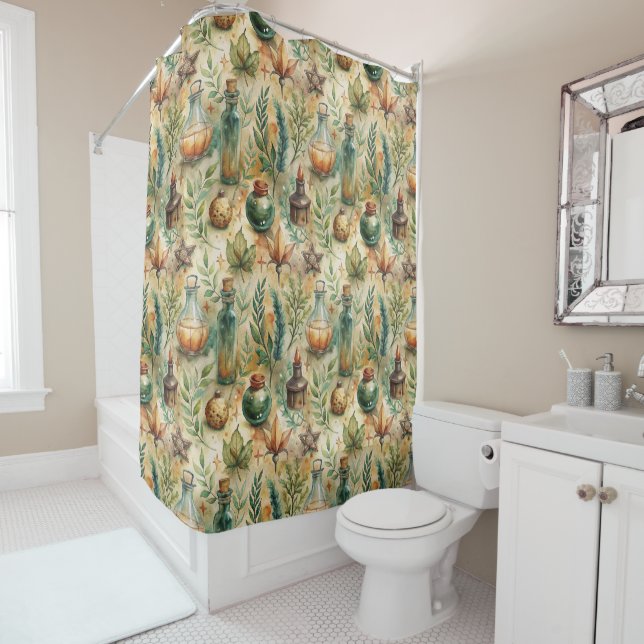 Vintage Apothecary Bottles Pattern (6) Shower Curtain (In Situ)