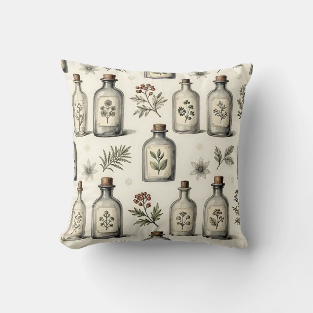 Vintage Apothecary Herb Bottles Pattern Cushion (Front)